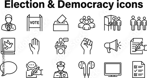 Election and democracy icons collection with voting ballot, candidate, public speech, protest and citizen participation symbols, minimal outline vector set for political design