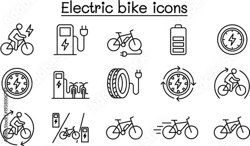 Electric bike icons collection with e bicycle, battery charging, cycling energy and mobility symbols, minimal outline vector set for eco transport and technology design