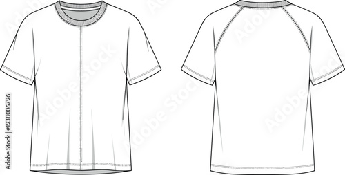 White Technical Flat Sketch of Mens T-Shirt with Center Front Seam Detail and Raglan Back Construction for Fashion Design Mockup
