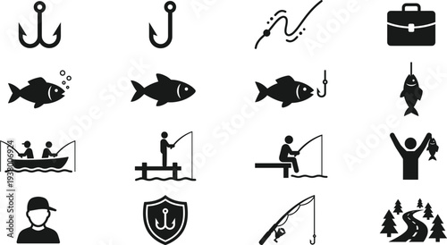 Fishing icons collection with fish, hook, rod, angler, boat and tackle symbols, solid vector set for sport fishing, outdoor recreation, hobby and adventure design