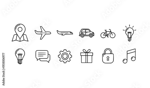 Flat minimalist icons set with map pin airplane car bicycle gear lock and music note vector isolated on transparent background