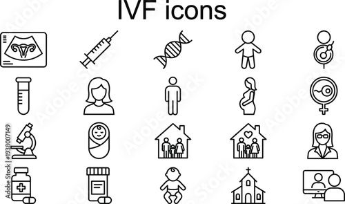 IVF icons collection with fertility treatment, pregnancy, embryo, syringe, DNA and baby symbols, minimal outline vector set for reproductive health and medical design