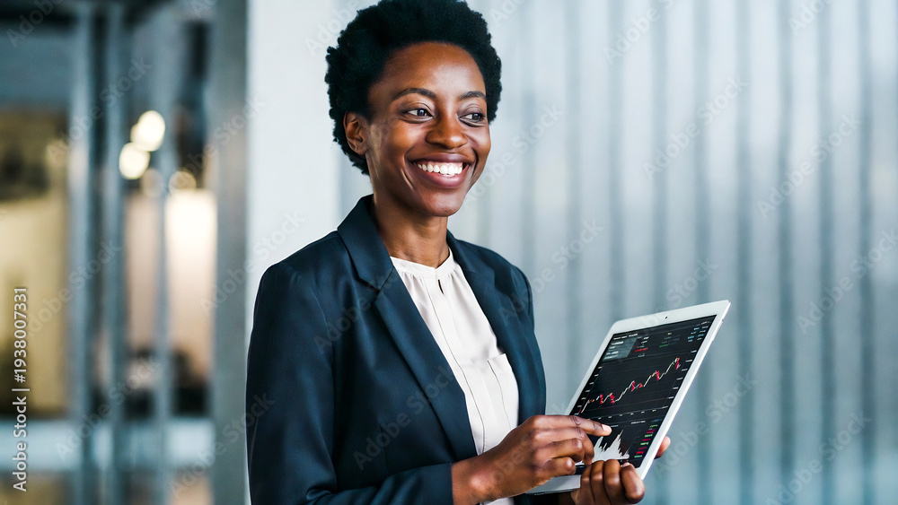 Fototapeta premium A smiling businesswoman examines a stock chart on a tablet, confidently presenting data.