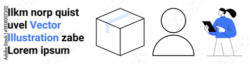 Technology, communication, user interface, digital tools, data visualization, modern work. Cube, user icon person holding a tablet. Technology and communication concepts illustrated visually