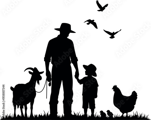 Rural Family Farm Life Silhouette Farmer and Child with Goat