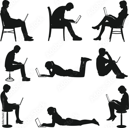 People using laptop silhouettes collection with men and women working, studying and browsing online, vector set for remote work, technology, freelancer lifestyle design