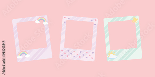 Three Decorative Photo Frames with Rainbows and Stars on Pink Background