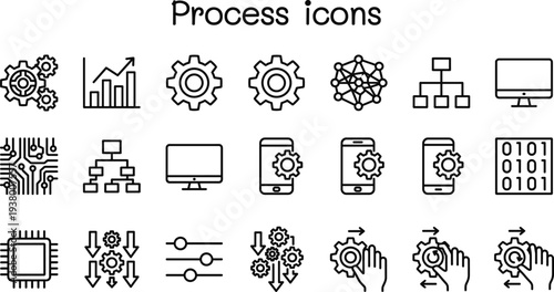 Process icons collection with workflow, gears, automation, data analysis and system management symbols, minimal outline vector set for business, technology and development design