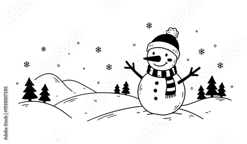 Hand drawn doodle snowman winter holiday landscape background vector illustration