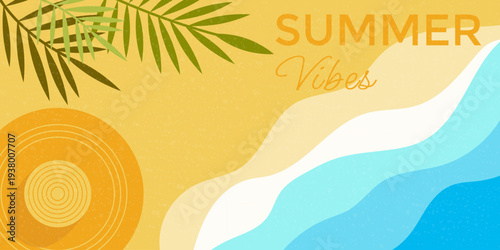 Summer tropical background with sandy beach, sea waves, woman's straw hat and tropical leaves. Abstract vector background summer vibes for banners, covers, postcards, seasonal sales. 