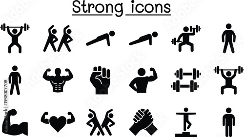 Strong fitness icons collection with bodybuilding, weightlifting, muscle, workout and strength training symbols, solid vector set for gym, sport, health and exercise design
