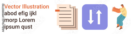 Document management, data transfer, cloud storage, remote work, collaboration, digital organization. ion of a file document, data sync icon and abstract human figure. Document management and data