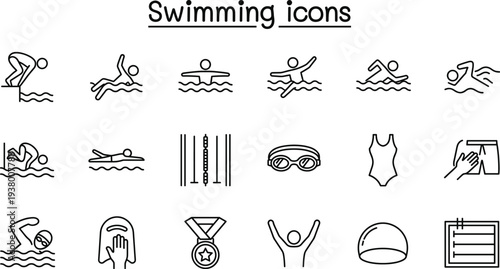 Swimming icons collection with swimmer, freestyle stroke, pool equipment, goggles and competition symbols, minimal outline vector set for aquatic sport and fitness design