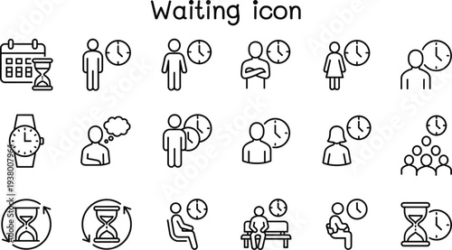 Waiting icons set with people, clocks, hourglass and queue symbols, time management line icon collection for delay, appointment, schedule, patience and waiting concept