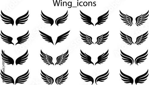 Wing icons set with angel, bird and flying wings silhouettes, decorative wing logo collection for tattoo, emblem, fantasy, freedom and aviation design concept