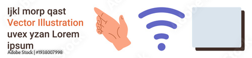 Communication, technology, wireless connection, signal transmission, digital interaction, user interface. A hand pointing, wireless signal and blank square. Communication and technology