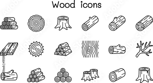 Wood icons collection with logs, tree stump, timber, branches and lumber symbols, minimal outline vector set for forestry, carpentry, woodworking and nature design