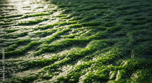 Close up of wet river rocks covered in bright green slime and moss, indicating a dangerously slick and treacherous surface, grip, hazard, slickness