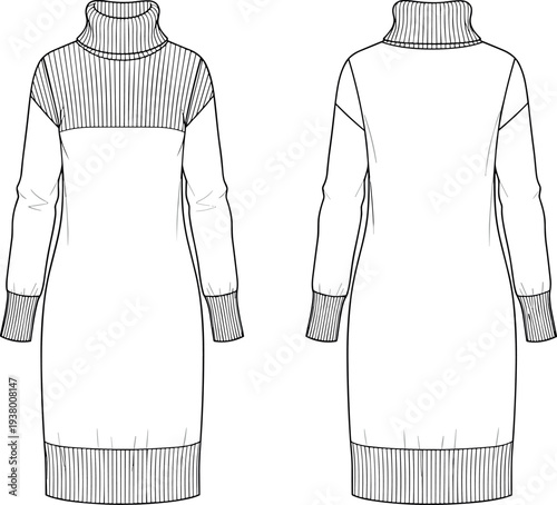 Women's Turtleneck Knit Midi Dress Technical Flat Sketch with Ribbed Yoke Drop Shoulder Long Sleeves and Hem Detail Vector Illustration