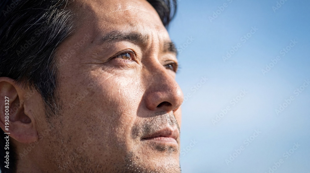 Fototapeta premium 澄み切った青空を物思いにふけるように見上げる50代日本人男性のポートレート