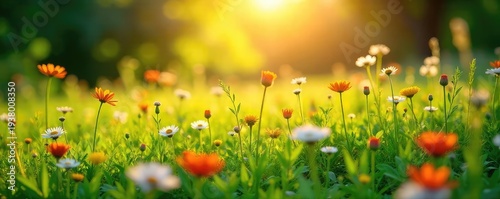 Golden hour sunlight bathes a lush green meadow, wildflowers blooming vibrantly Perfect for summer, nature, and idyllic backgrounds A tranquil scene evoking peace and serenity , pastoral, tranquil