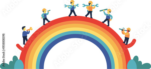 Diverse people climbing and standing on a colorful rainbow arch