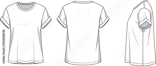 Women's White Oversized Cotton T-Shirt Fashion Technical Sketch Flat Vector Illustration Set with Front Back and Side View Rolled Sleeves