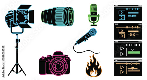 Audio Video Media Production Equipment Icons Set with Camera Microphone Lens and Recording Tools