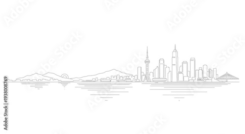 Minimalist line art drawing of a modern city skyline with skyscrapers, mountains, and water reflection.