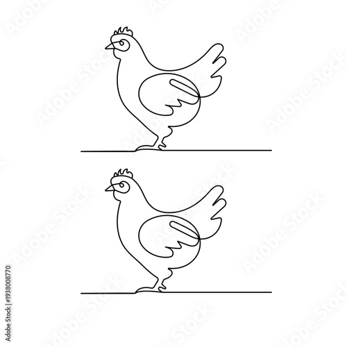 Hen continuous one-line drawing, white background, minimalist style, isolated outline vector illustration
