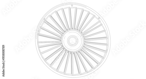 Detailed line drawing of a circular industrial component with numerous radial blades or spokes, resembling a turbine or fan part.