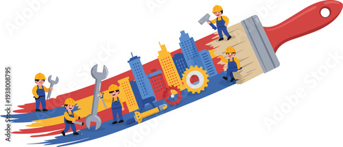 Colorful paintbrush with tiny workers and tools on bristles creative concept