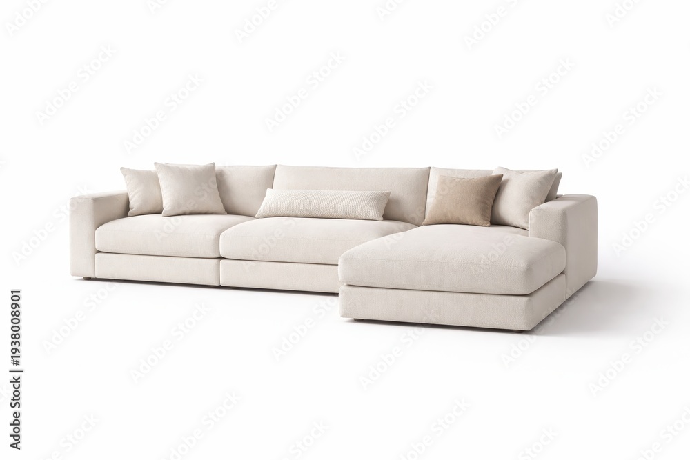 Fototapeta premium Studio photo of a modern beige linen modular sectional sofa with chaise and five pillows