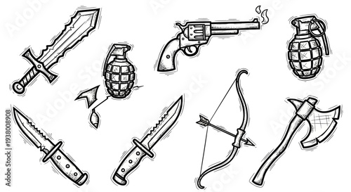 Collection of hand-drawn sketch style weapons including a sword, revolver, grenades, knives, bow and arrow, and an axe on a white background.
