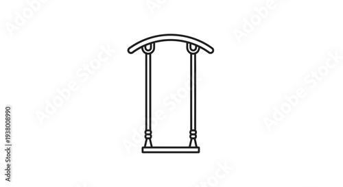 Simple line art illustration of a classic playground swing with a curved top bar and two vertical supports.