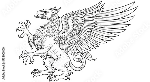 Detailed black and white line art illustration of a majestic griffin, a mythical creature with eagle head and wings and lion body, in a heraldic pose.