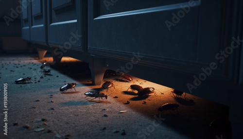 Cockroaches Crawling Under a Kitchen Cabinet at Night