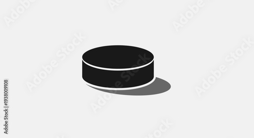 Minimalist black hockey puck illustration with a subtle shadow on a light grey background, representing ice hockey equipment.