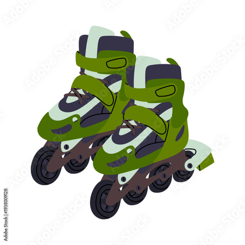 Pair of green inline roller skates isolated on white. Eco transport. Flat illustration for healthy lifestyle posters, urban sport banners, outdoor activity graphics or fitness equipment icons