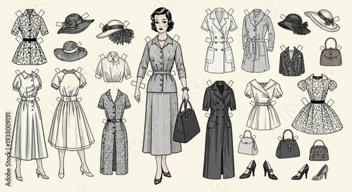 Vintage paper doll with a collection of 1950s-style dresses, coats, hats, shoes, and handbags, illustrating classic fashion and accessories.