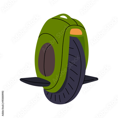 Modern green electric unicycle isolated on white. Eco transport. Flat illustration for eco urban transport posters, personal vehicle banners, city movement graphics or modern technology icons