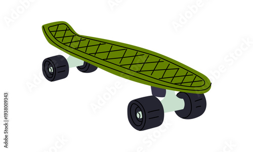 Green plastic penny skateboard isolated white background. Eco transport. Flat illustration for urban transport posters, youth lifestyle banners, city movement graphics or modern outdoor activity icons