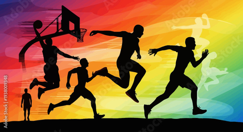 Silhouettes of athletes in various running and basketball poses against a vibrant rainbow gradient background, symbolizing dynamic sports and movement.