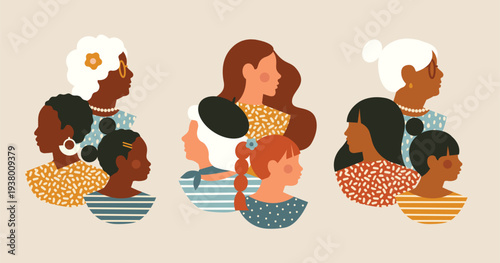 Set of diverse family portrait three generations of women, a girl, her mother and grandmother. Mother's day concept design for decoration, greeting card, cover, print, banner. Vector illustration