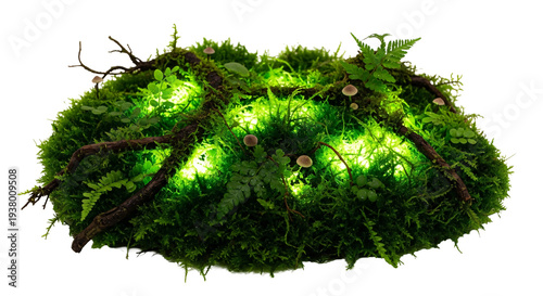 Magical forest floor with glowing mushrooms and ferns