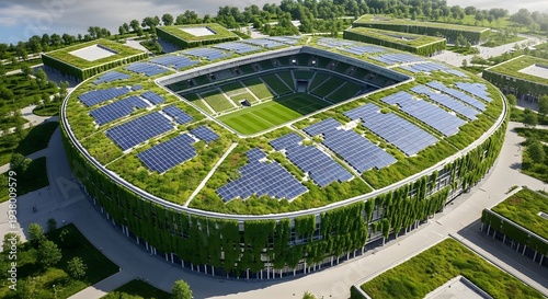 Futuristic green stadium with solar panels and vertical gardens symbolizing eco friendly sports