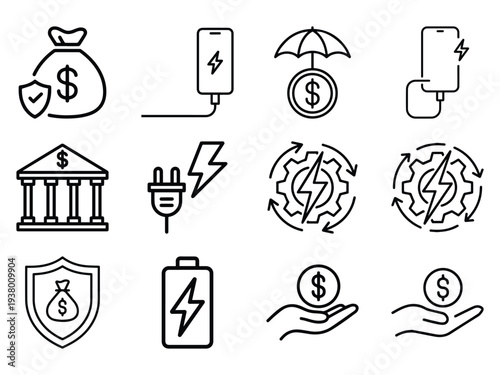 Various line art icons depict concepts of financial management, energy consumption, and modern technological business on a white background.