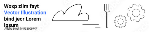 Technology, cloud computing, engineering, culinary, innovation, and networking. Minimalist abstract cloud, fork and gear icons. Cloud computing and culinary concept