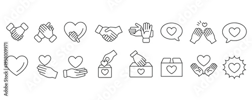 Heartfelt gestures and symbols of love and care in simple line art