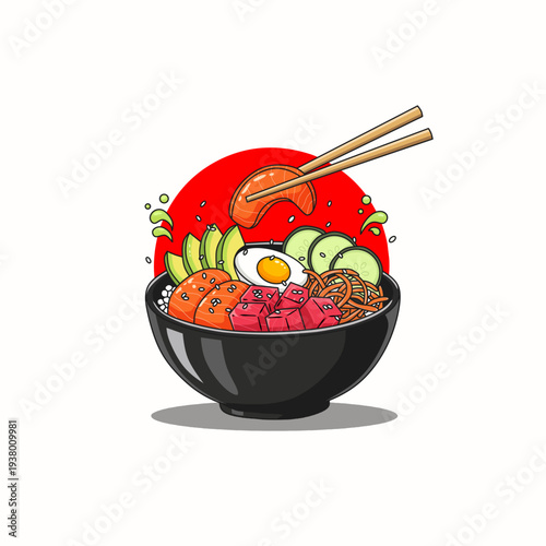 Fresh Poke Bowl Vector Illustration with Salmon, Tuna, and Chopsticks – Asian Healthy Food Logo Design.